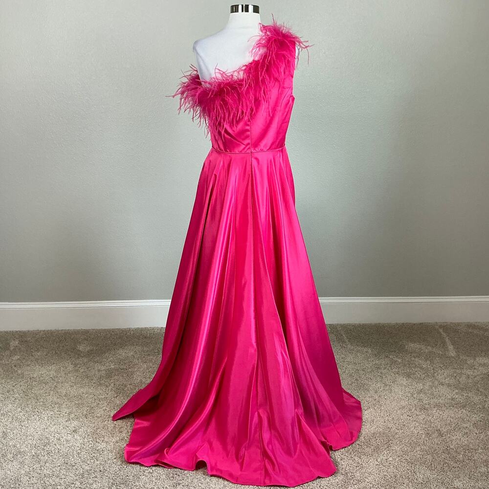 Mac Duggal 11684 Pink Evening Gown Satin One Shoulder Feather Trim Dress Size 4 - Picture 7 of 11